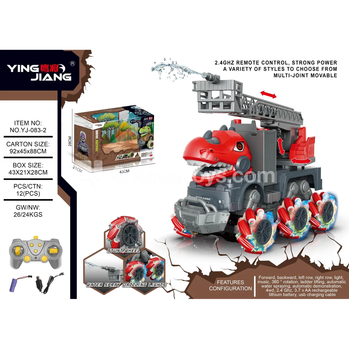 1:14 Remote Control Fire Ladder Truck with Multi-Function Side Movement, Dinosaur Design 1:14 Remote Control Fire Ladder Truck with Multi-Function Side Movement, Dinosaur Design