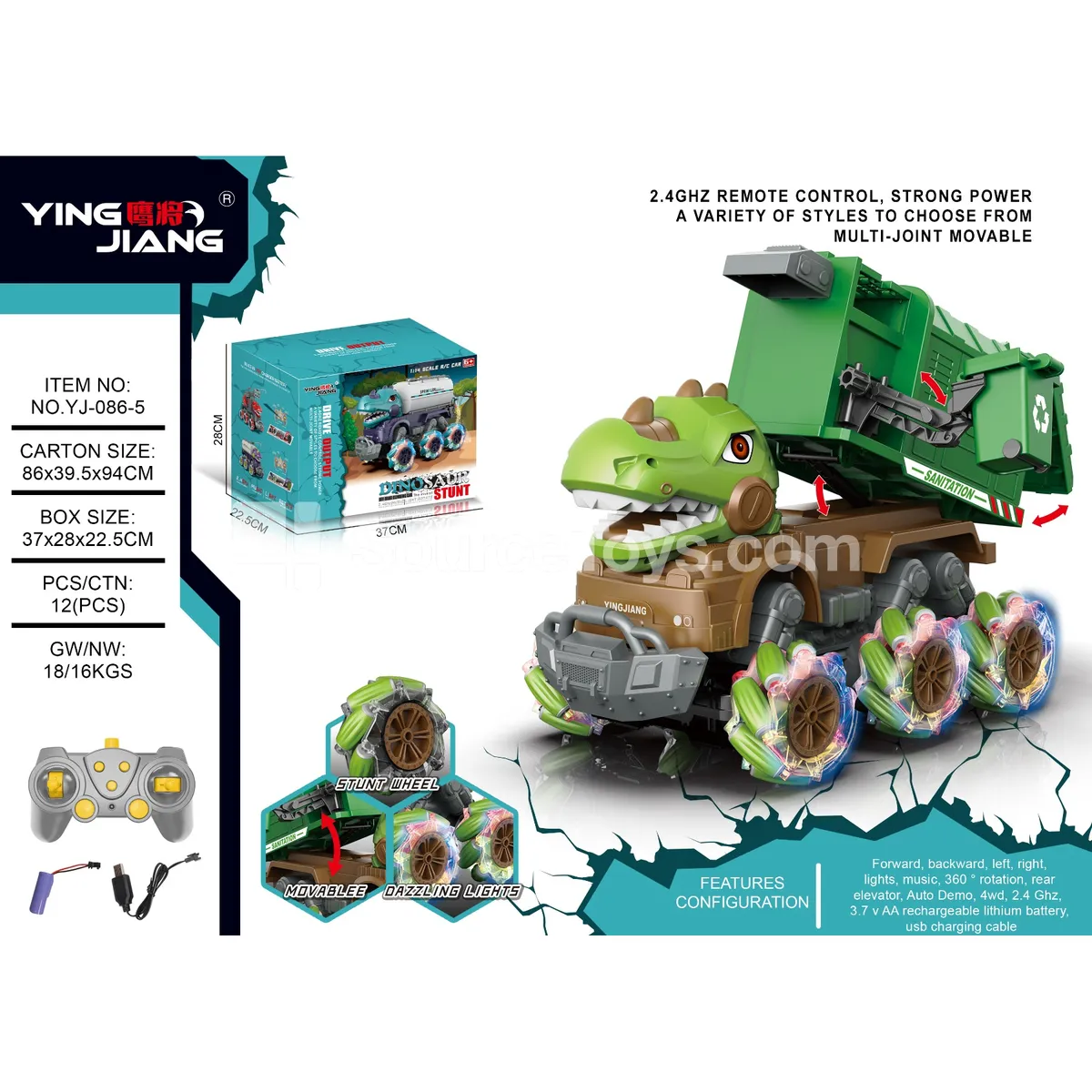 1:14 Multi-Function Dinosaur Remote Control Side-Move Sanitation Truck with Battery 1:14 Multi-Function Dinosaur Remote Control Side-Move Sanitation Truck with Battery