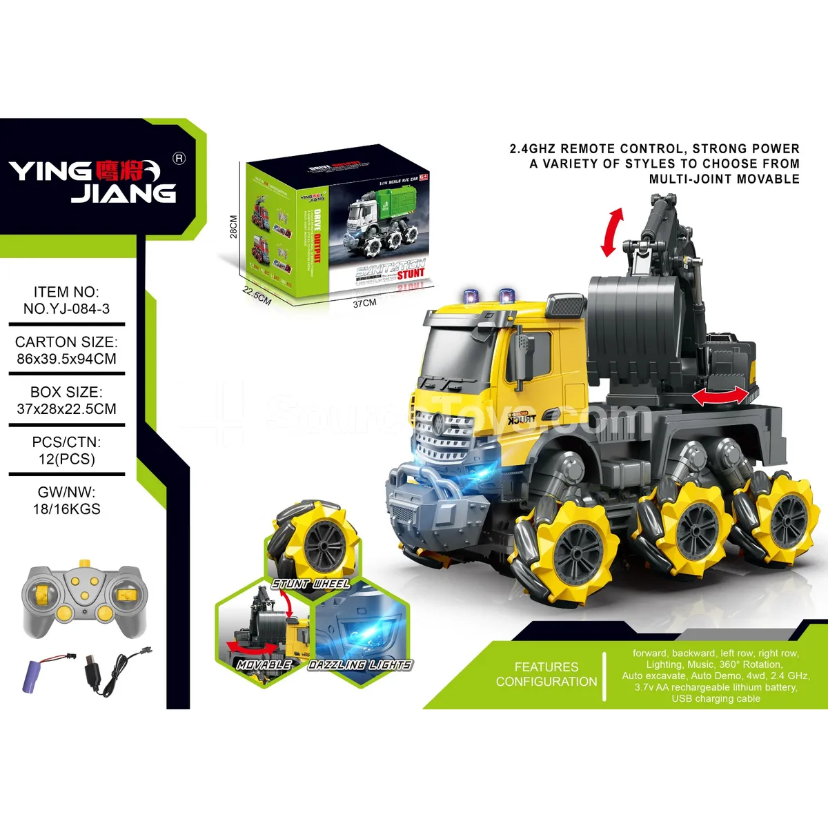 1:14 Multifunctional RC Excavator with Lateral Movement, Lights & Music, Battery Included