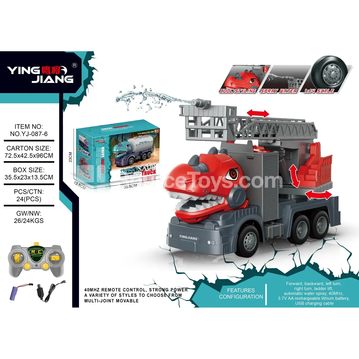 1:14 Remote Control Dinosaur Fire Ladder Truck with Battery