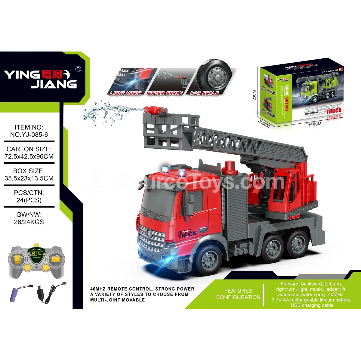 1:14 Multifunction RC Fire Ladder Truck with Lights & Music, Battery Included