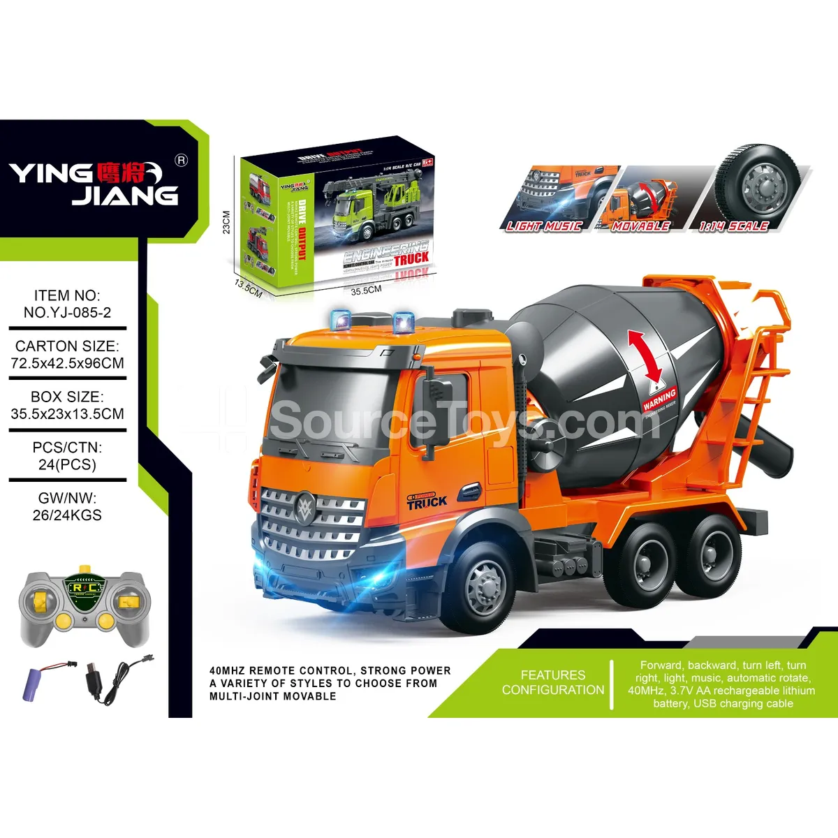 1:14 Multifunctional Remote Control Concrete Mixer Truck with Lights & Music, Battery Included