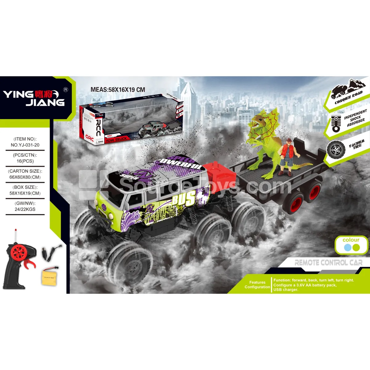 1:18 4-Channel 6-Wheel Remote Control Climbing Car with Opening Doors and Trailer, 27MHz, Battery Included, Window Box