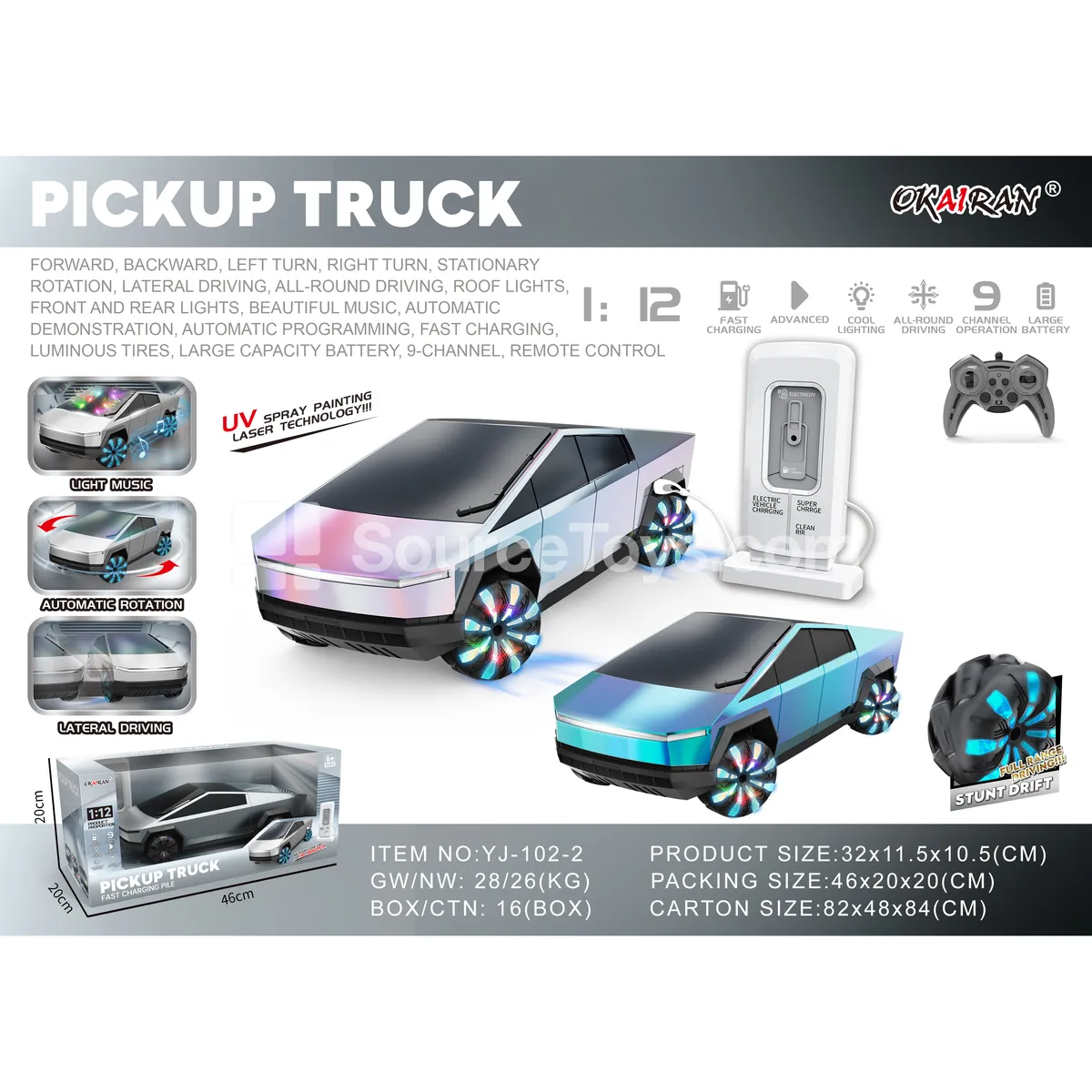 1:12 2.4G RC Stunt Truck with UV Coated Shell, Charging Station, LED Lights, Music, 9-Channel, Side Wheels, One-Key Parking, Cyber Pickup (Battery Included)