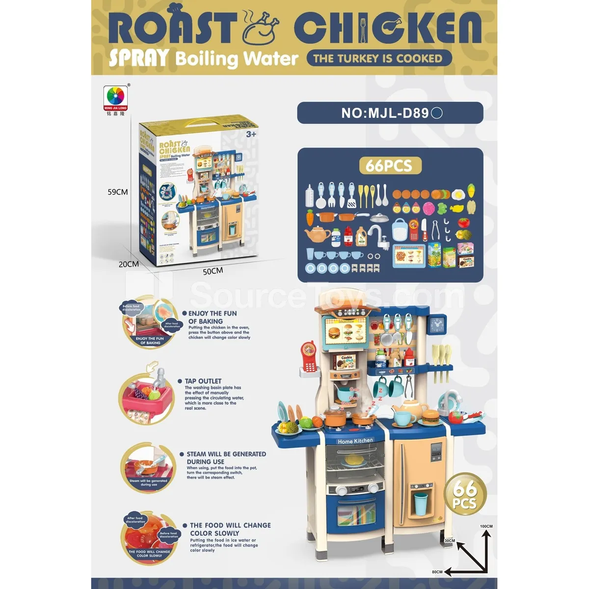 Pretend-Play Kitchen Set with 66PCS  Steam, Spray, Frying Pan, Color-Changing Food, Range Hood, Light & Sound