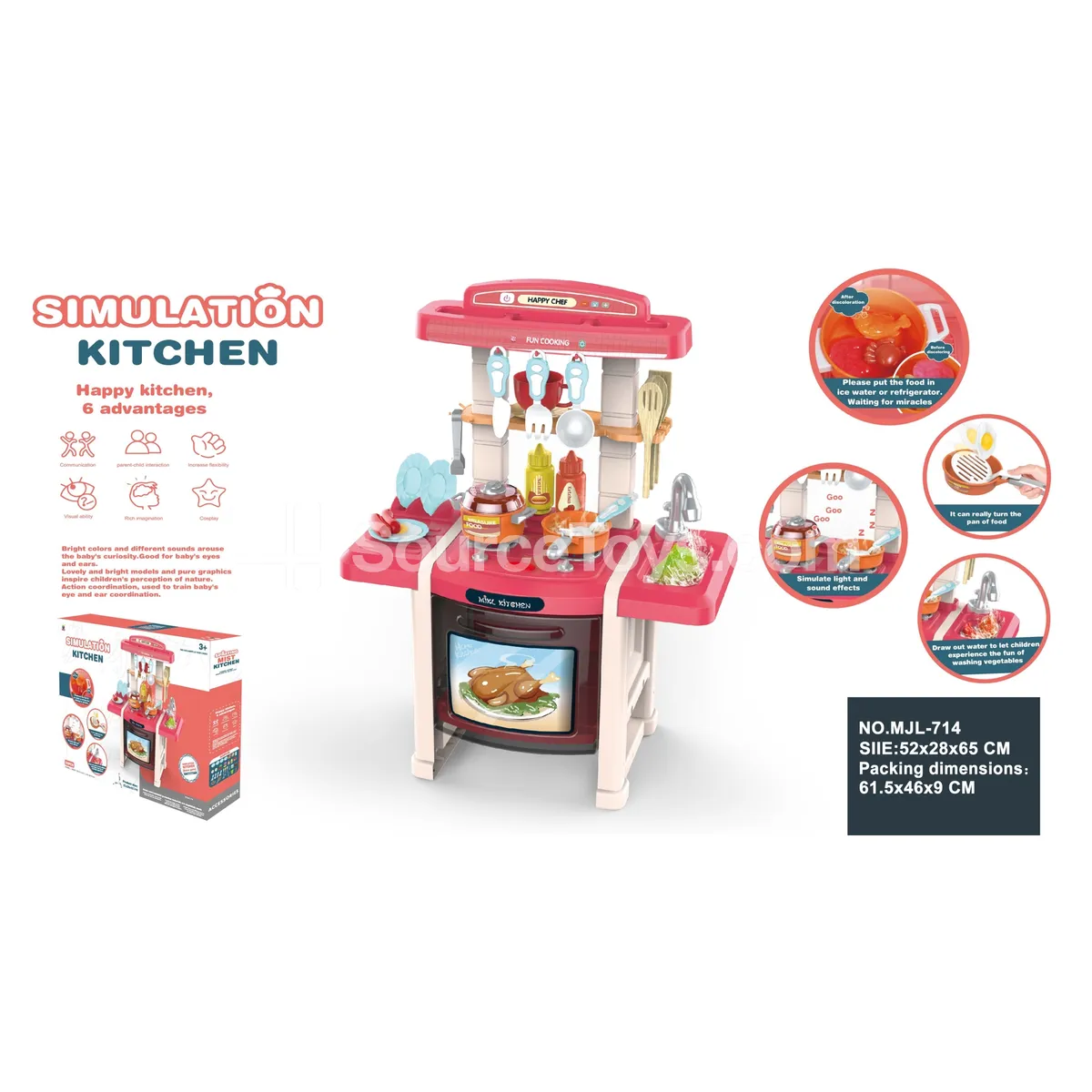 65CM Educational Kitchen Pretend-Play Set with Magic Frying Pan, Color-Changing Food, Water Dispenser & Lights  33PCS (Battery Not Included, 3x1.5AA)