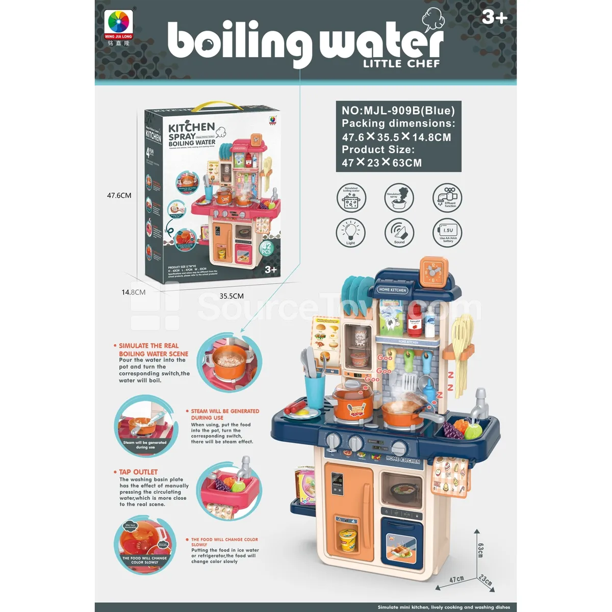 63CM Spray Kitchen Pretend-Play Dishwasher Set 42PCS (Batteries Not Included, Requires 3x1.5V AA & 1x1.5V AAA)