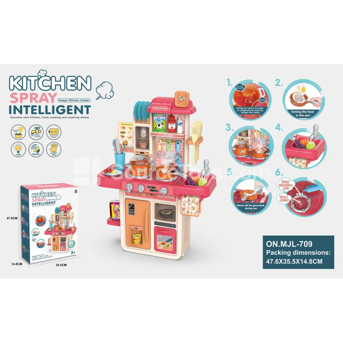 63CM Spray Kitchen Pretend-Play Set with Novelty Frying Pan, Color-Changing Food, Lights & Water Function (42 PCS, Battery Not Included 3x1.5AA)