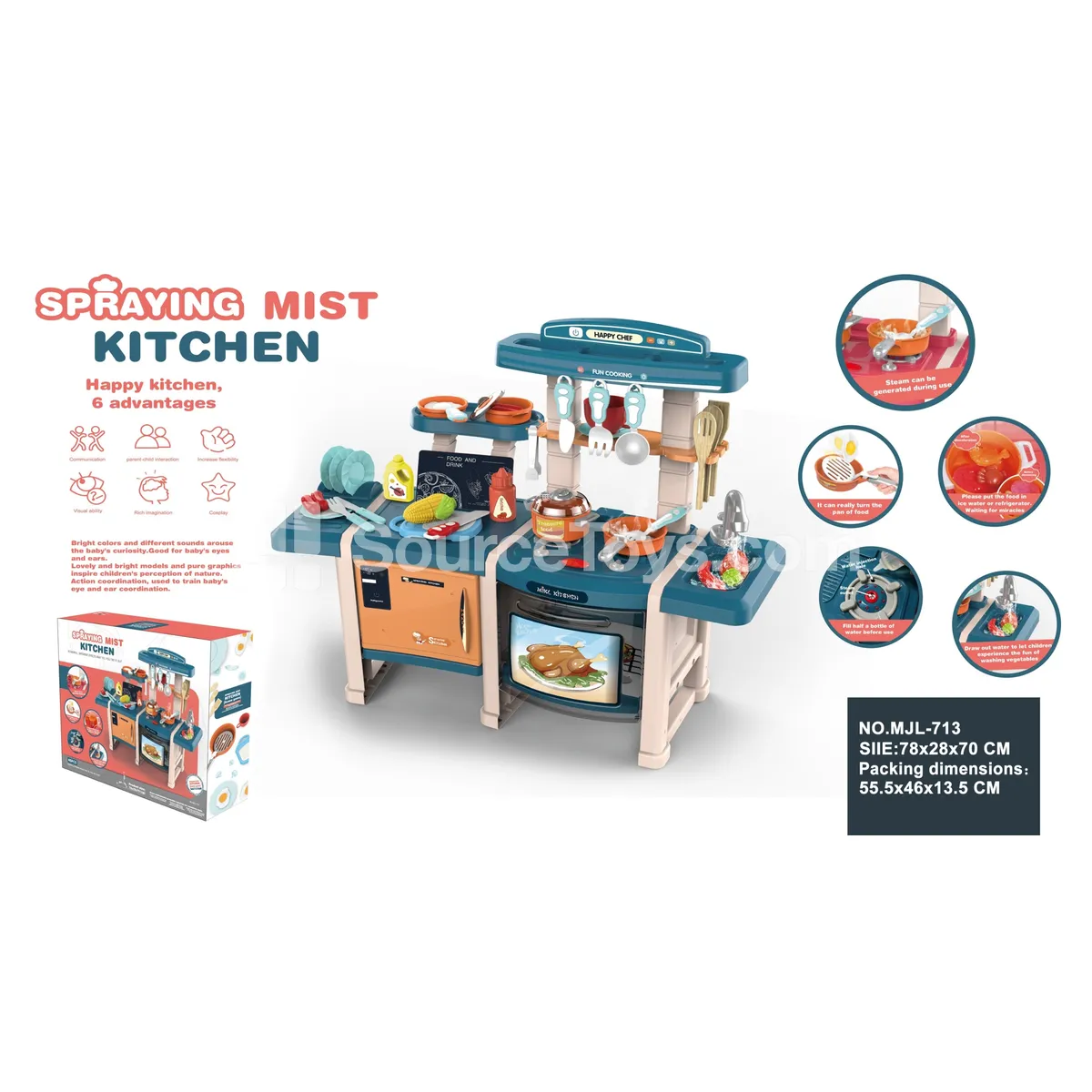 70CM Spray Kitchen Pretend-Play Set with Novelty Frying Pan, Color-Changing Food, Water, Light & Sound  45PCS (Batteries Not Included, 3x1.5AA)