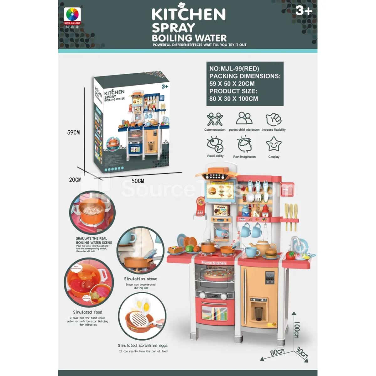 100cm Pretend-Play Kitchen with Spray, Innovative Pan, Color-Changing Food, and 65 PCS Accessories 100cm Pretend-Play Kitchen with Spray, Innovative Pan, Color-Changing Food, and 65 PCS Accessories