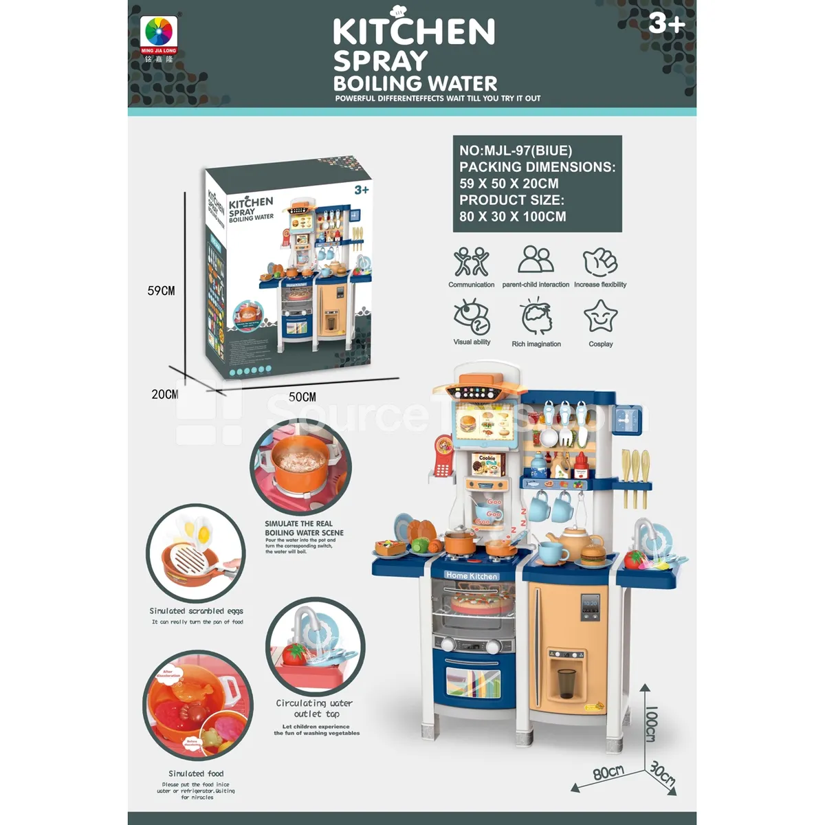 100cm Educational Kitchen Pretend-Play Set with Novelty Frying Pan, Color-Changing Food, Multifunctional Range Hood, Light & Music, Water Dispenser, 65 Pcs, Battery Not Included