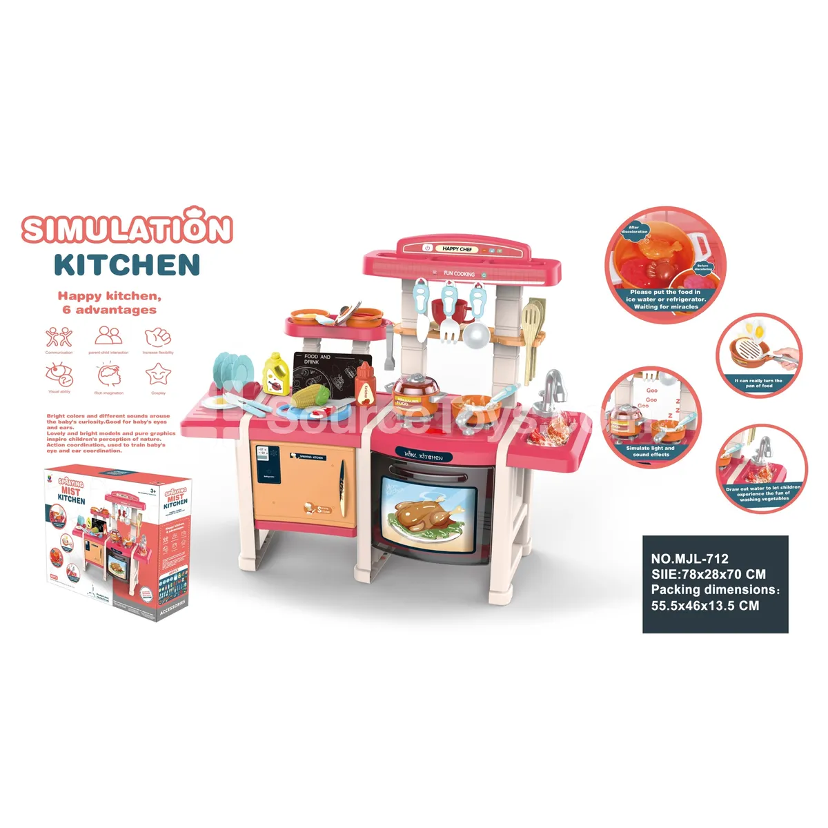 70CM Educational Kitchen Pretend-Play Set with Magic Frying Pan, Color-Changing Food, Water Dispenser & Lights, 45PCS, 3*1.5AA 70CM Educational Kitchen Pretend-Play Set with Magic Frying Pan, Color-Changing Food, Water Dispenser & Lights, 45PCS, 3*1.5AA