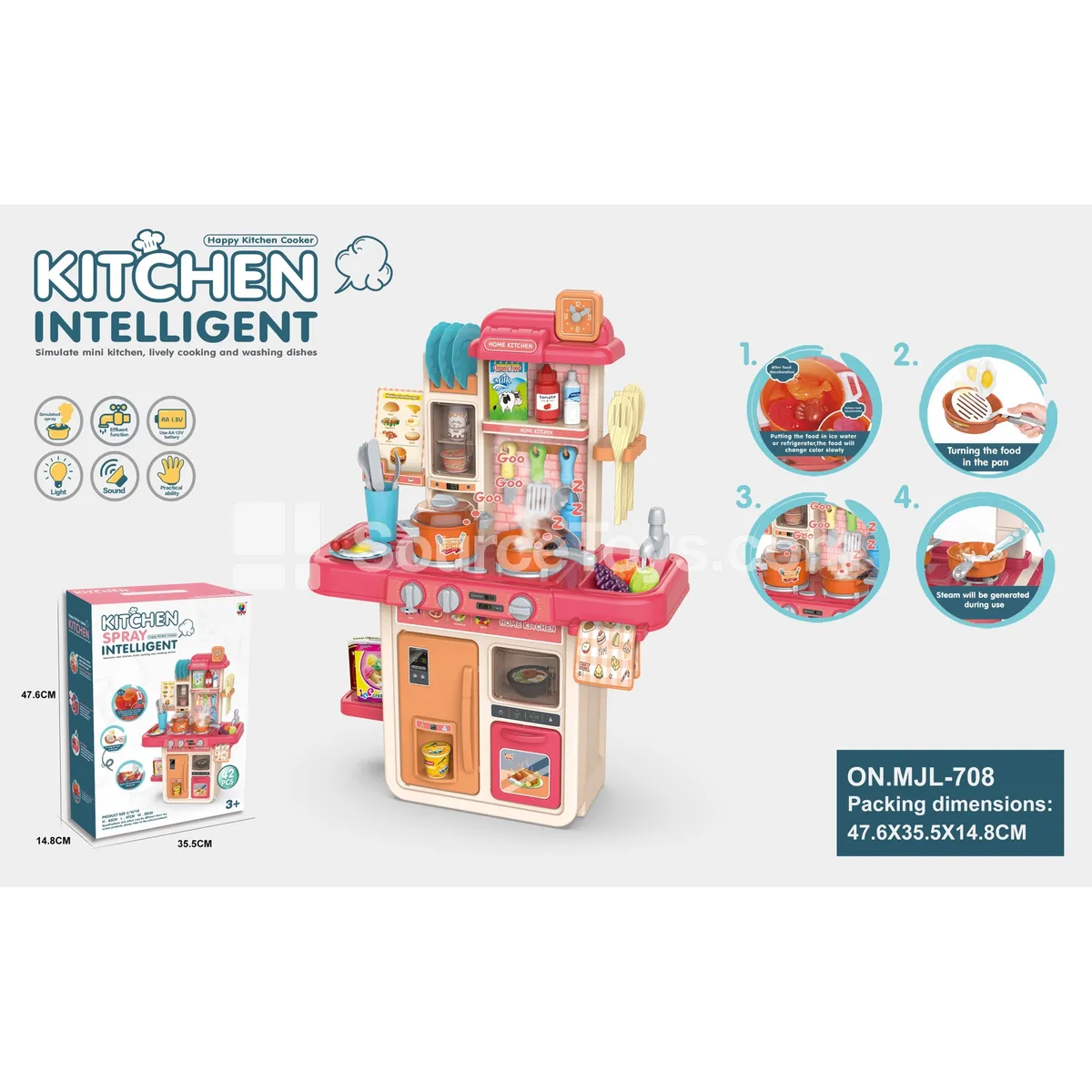 63CM Educational Kitchen Pretend-Play Set with Novelty Pan, Color-Changing Food, Light & Water Function, 42PCS (Batteries Not Included, 3x1.5AA)