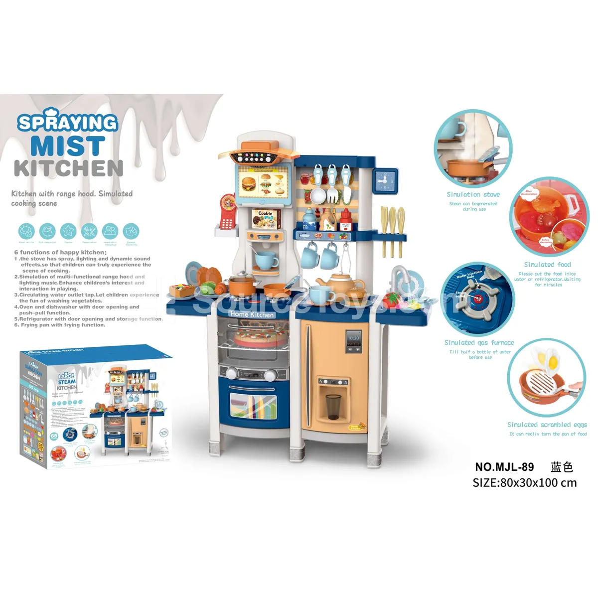 100cm Spray Kitchen Pretend-Play Set with 65 Pcs