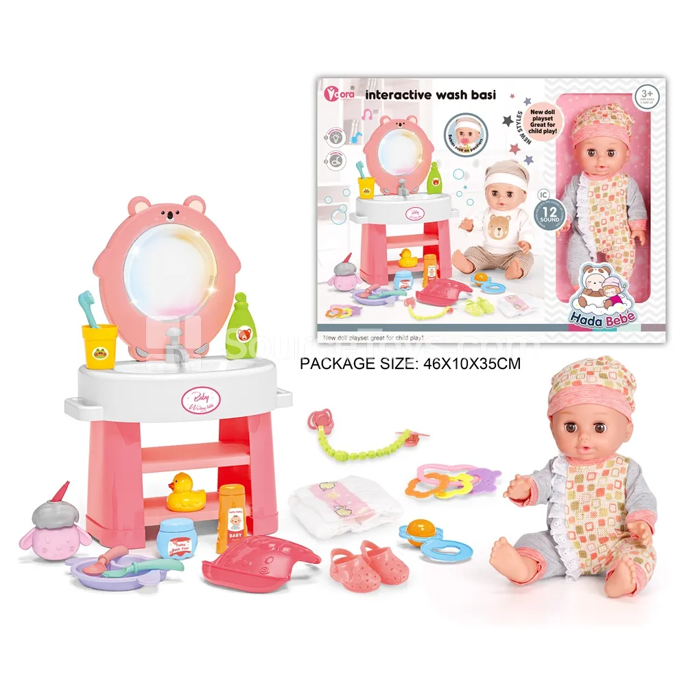 14-inch Vinyl Doll Washing Station Pretend-Play Set with 12 Sounds