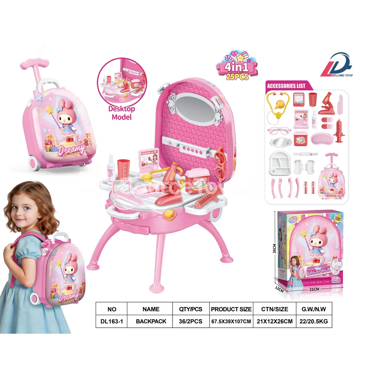 4-in-1 Luggage Backpack Set with Alloy Accessories Pretend Play Doctor Kit