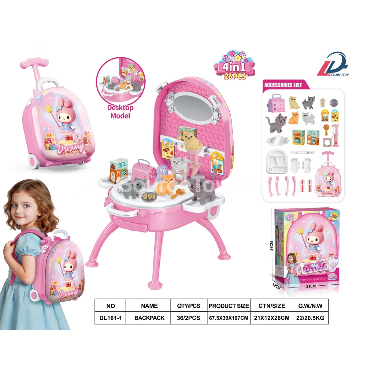 4-in-1 Alloy Backpack Set with Trolley Handle for Pretend Play Pet Cat