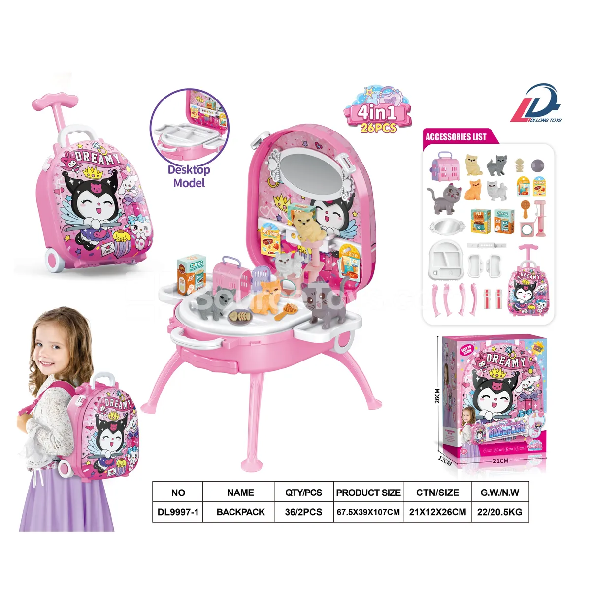 4-in-1 Alloy Backpack Pet Cat Set with Trolley Case (Pretend-Play Toy Storage Box)