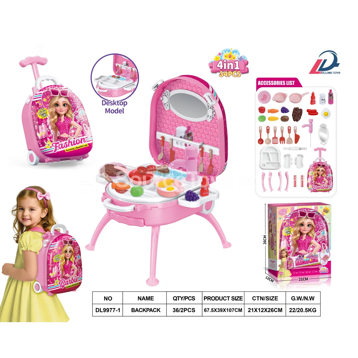 4-in-1 Rolling Luggage Alloy Backpack Set with Fashion Doll & Pretend-Play Kitchen Accessories 4-in-1 Rolling Luggage Alloy Backpack Set with Fashion Doll & Pretend-Play Kitchen Accessories