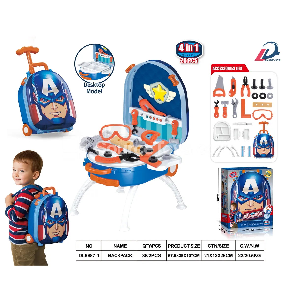 4-in-1 Alloy Tool Backpack Trolley Case Set for Pretend Play