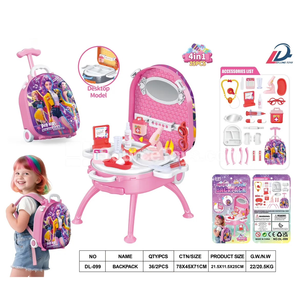 4-in-1 Luggage Alloy Backpack Set with Pretend-Play Medical Kit and Storage Box