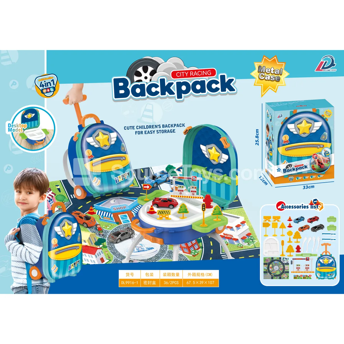 4-in-1 Suitcase Carry Case with Parking Lot Alloy Backpack Set Pretend Play Toy 4-in-1 Suitcase Carry Case with Parking Lot Alloy Backpack Set Pretend Play Toy
