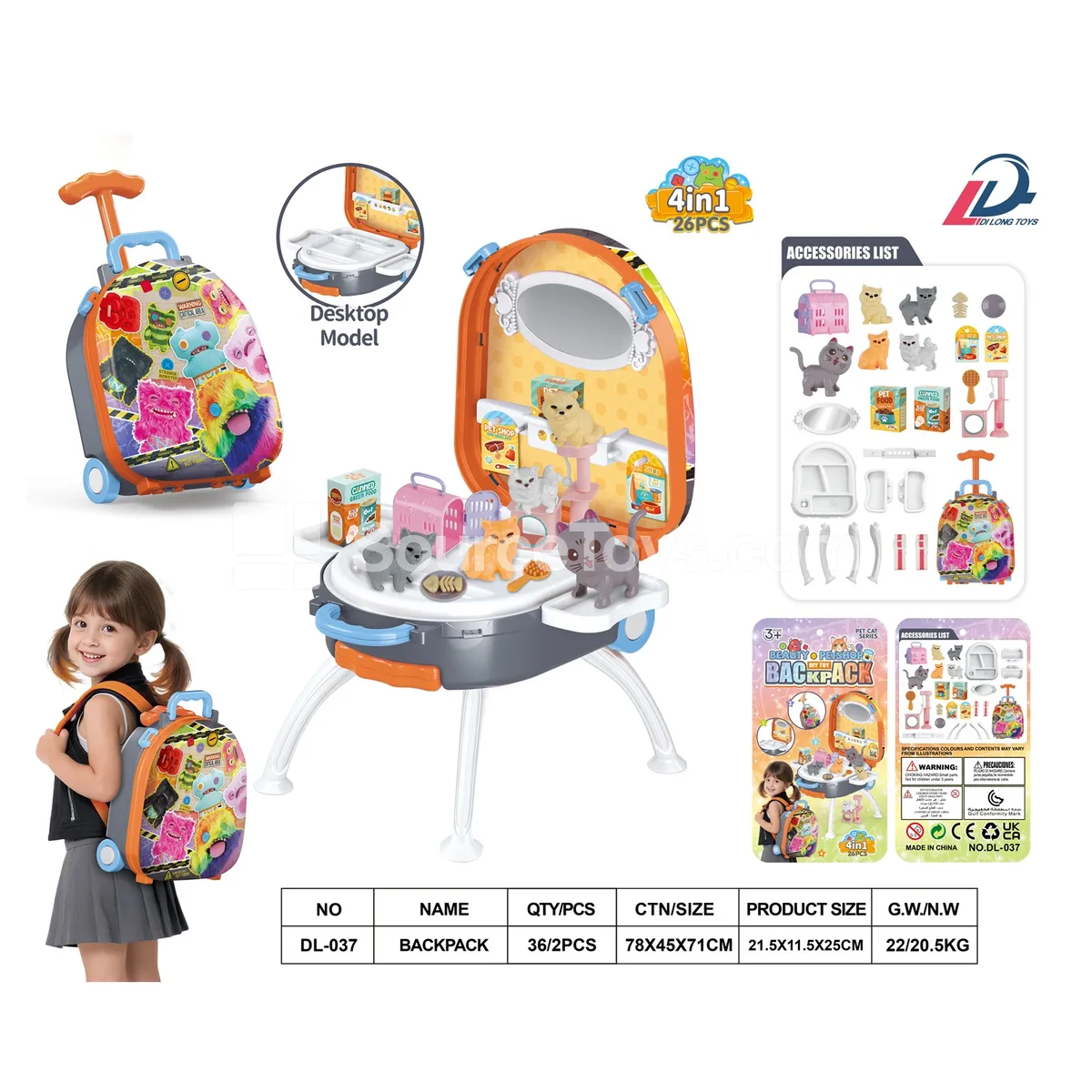 4-in-1 Suitcase Backpack Set with Alloy Pet Cat (Pretend-Play DIY Educational Storage Box)