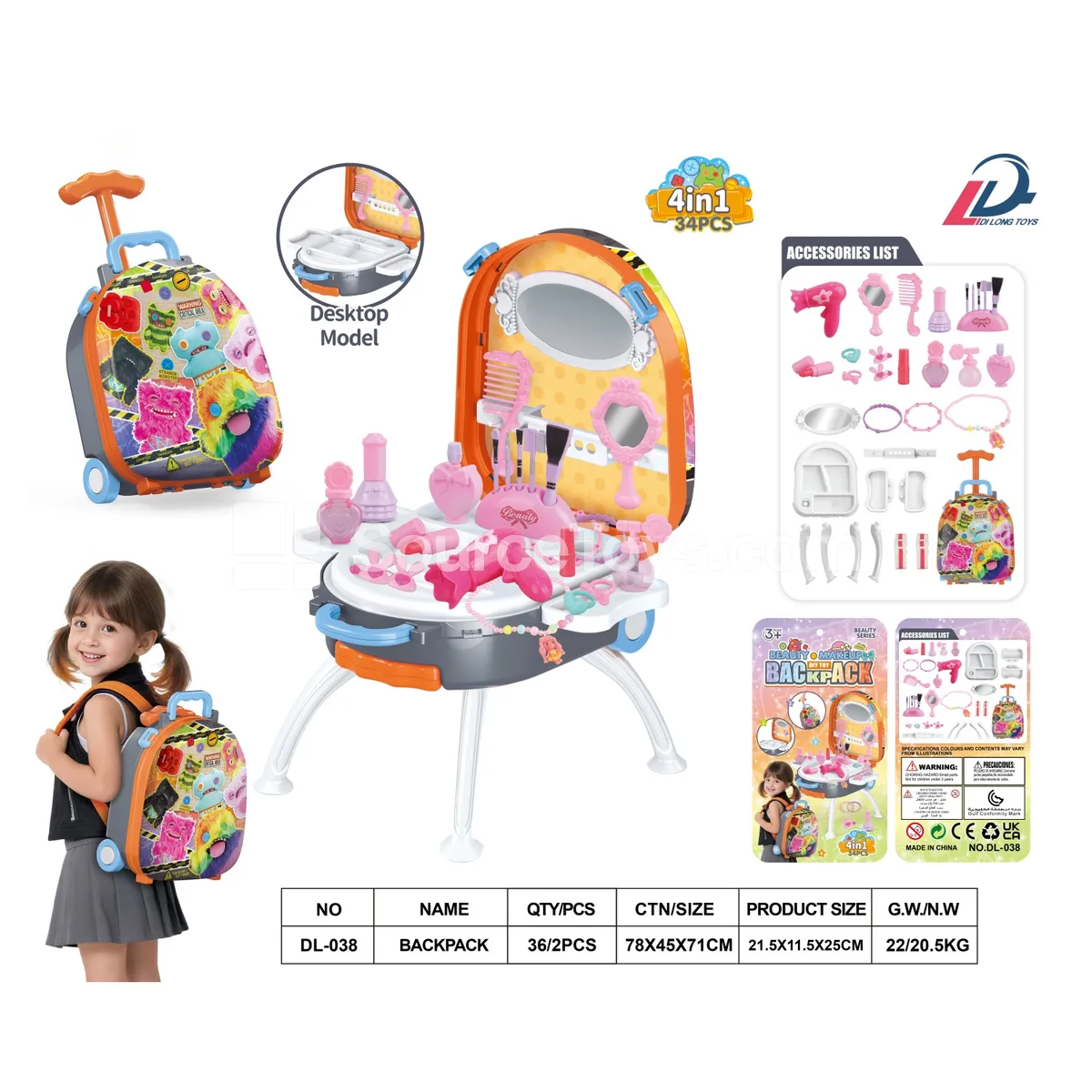 4-in-1 Alloy Backpack Suitcase Set Pretend Play Vanity Accessories