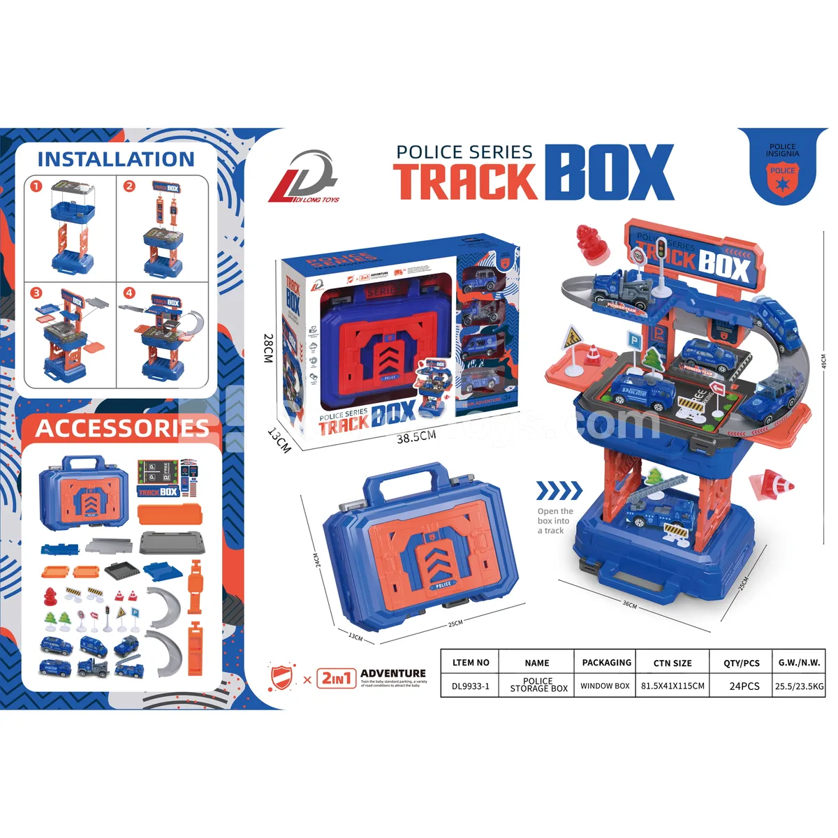 2-in-1 Window Track Parking Lot Police Briefcase with 6 Cars Pretend Play 2-in-1 Window Track Parking Lot Police Briefcase with 6 Cars Pretend Play