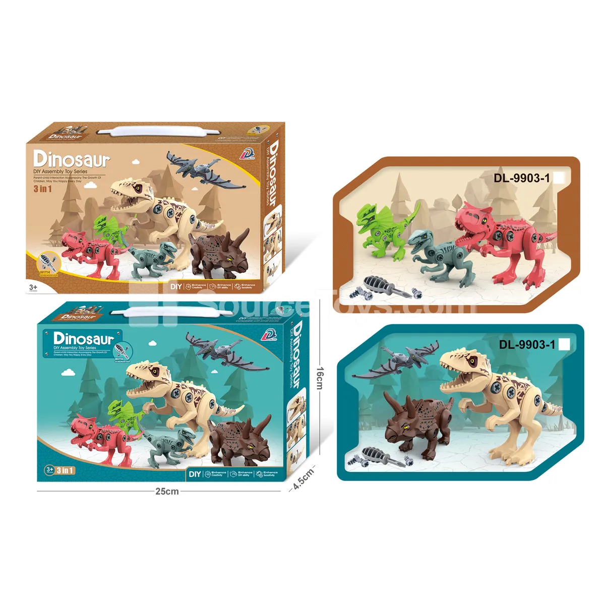 3-Style Dinosaur Toy Set (2-Color Box) Assorted (DIY Assembly Dinosaur Model, Compatible with Small Building Blocks)