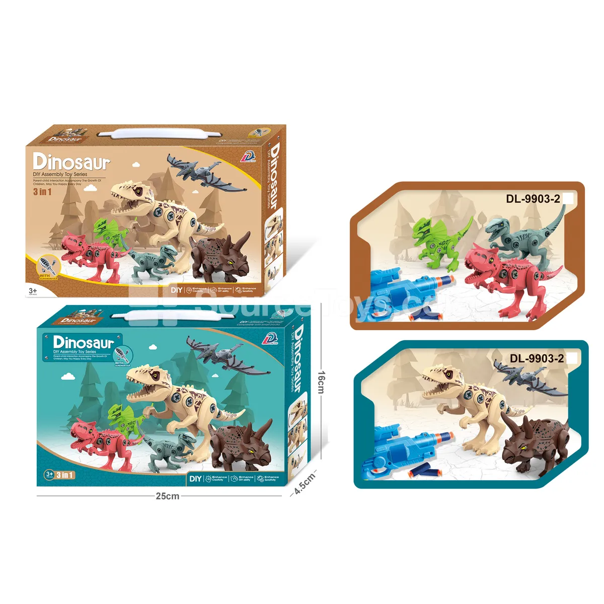 3 Dinosaur Figures + Gun Set (2-Color Box) Assorted (DIY Assembly Dinosaur Model, Compatible with Small Building Blocks) 3 Dinosaur Figures + Gun Set (2-Color Box) Assorted (DIY Assembly Dinosaur Model, Compatible with Small Building Blocks)