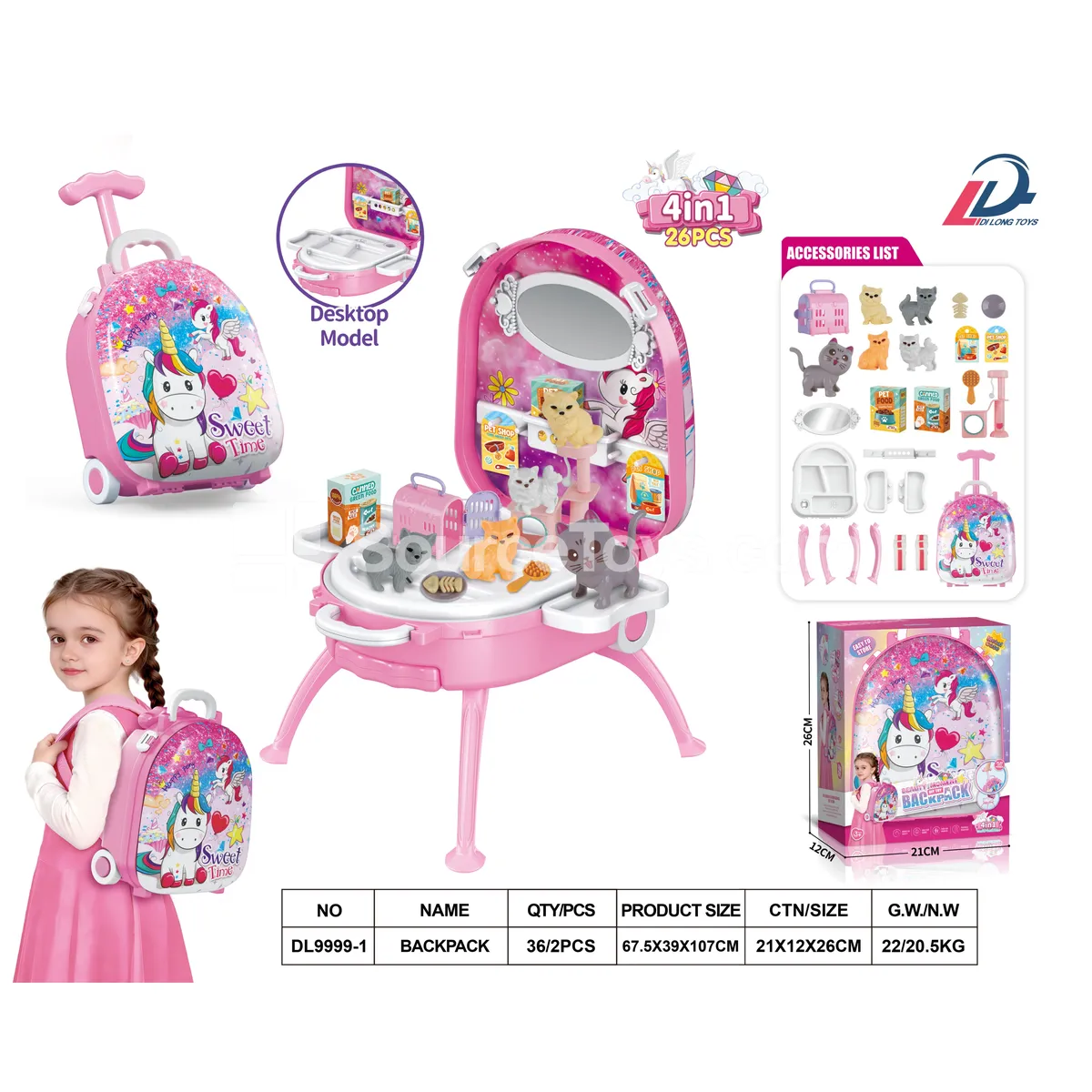 4-in-1 Trolley Case Alloy Backpack Set Unicorn Pet Cat
