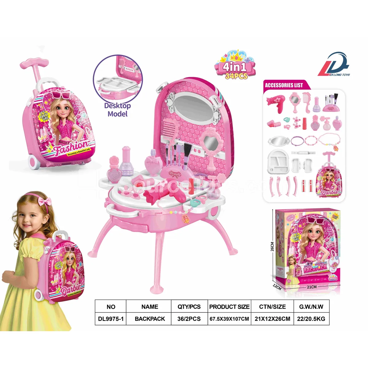 4-in-1 Luggage Trolley Alloy Backpack Set with Fashion Doll Dress-Up Accessories, Pretend-Play Cosmetic Organizer 4-in-1 Luggage Trolley Alloy Backpack Set with Fashion Doll Dress-Up Accessories, Pretend-Play Cosmetic Organizer