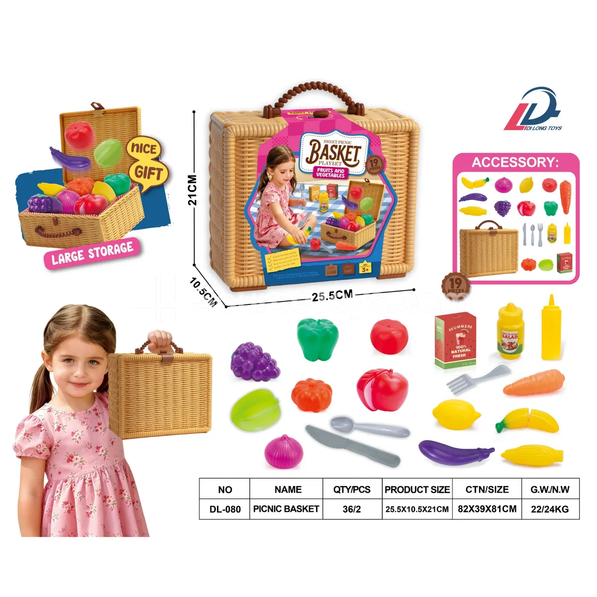 Pretend-Play Outdoor Fruit & Veggie Picnic Basket Set Pretend-Play Outdoor Fruit & Veggie Picnic Basket Set