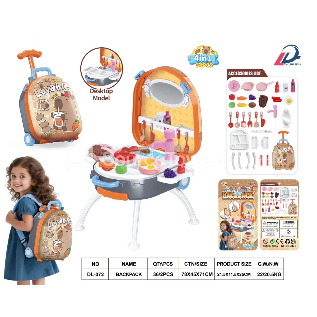 4-in-1 Luggage Suitcase Backpack Set with Pretend-Play Tableware