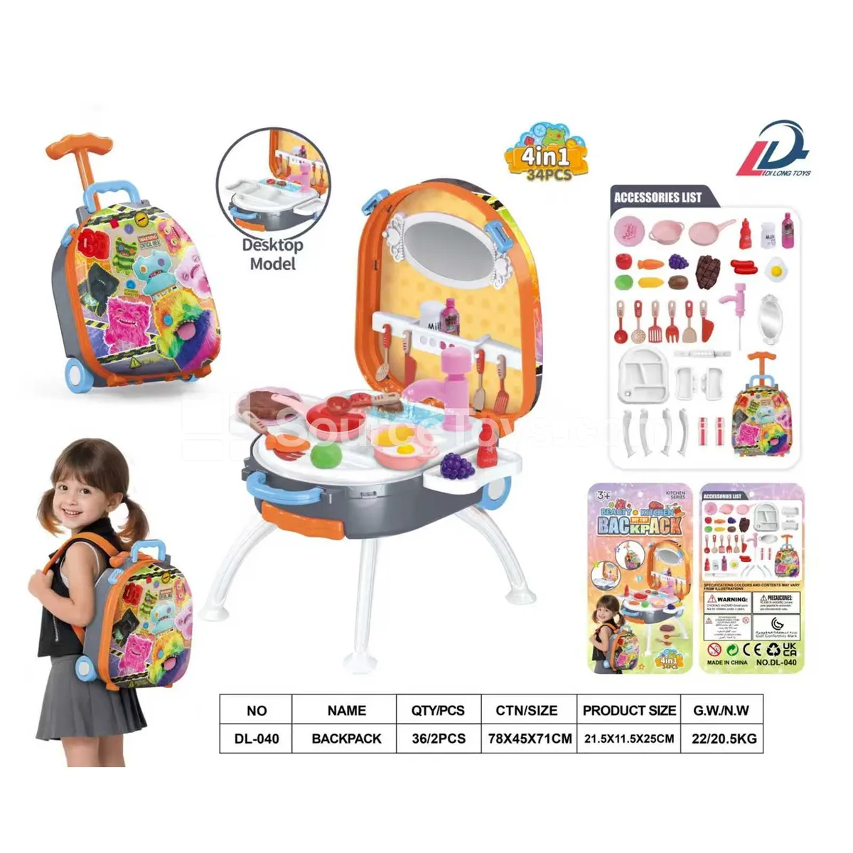 4-in-1 Suitcase Backpack Set with Alloy Pretend-Play Dinnerware