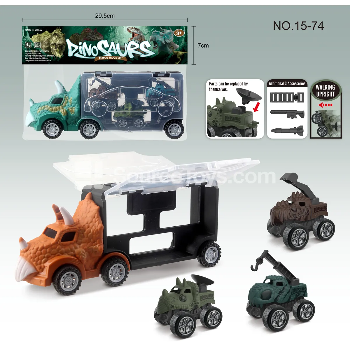 Dinosaur Vehicle Storage Carrier with 3 Pull-Back Dinosaur Construction Vehicles
