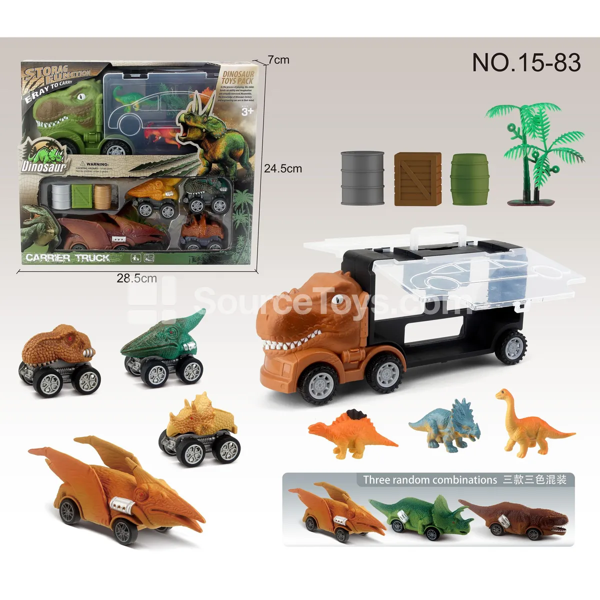 Dinosaur Truck T-Rex Container Vehicle Set (3 Pull-Back Dinosaurs Assorted)