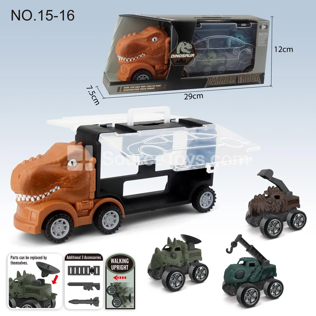 Dinosaur Transport Truck with 3 Pullback Dinosaur Construction Vehicles