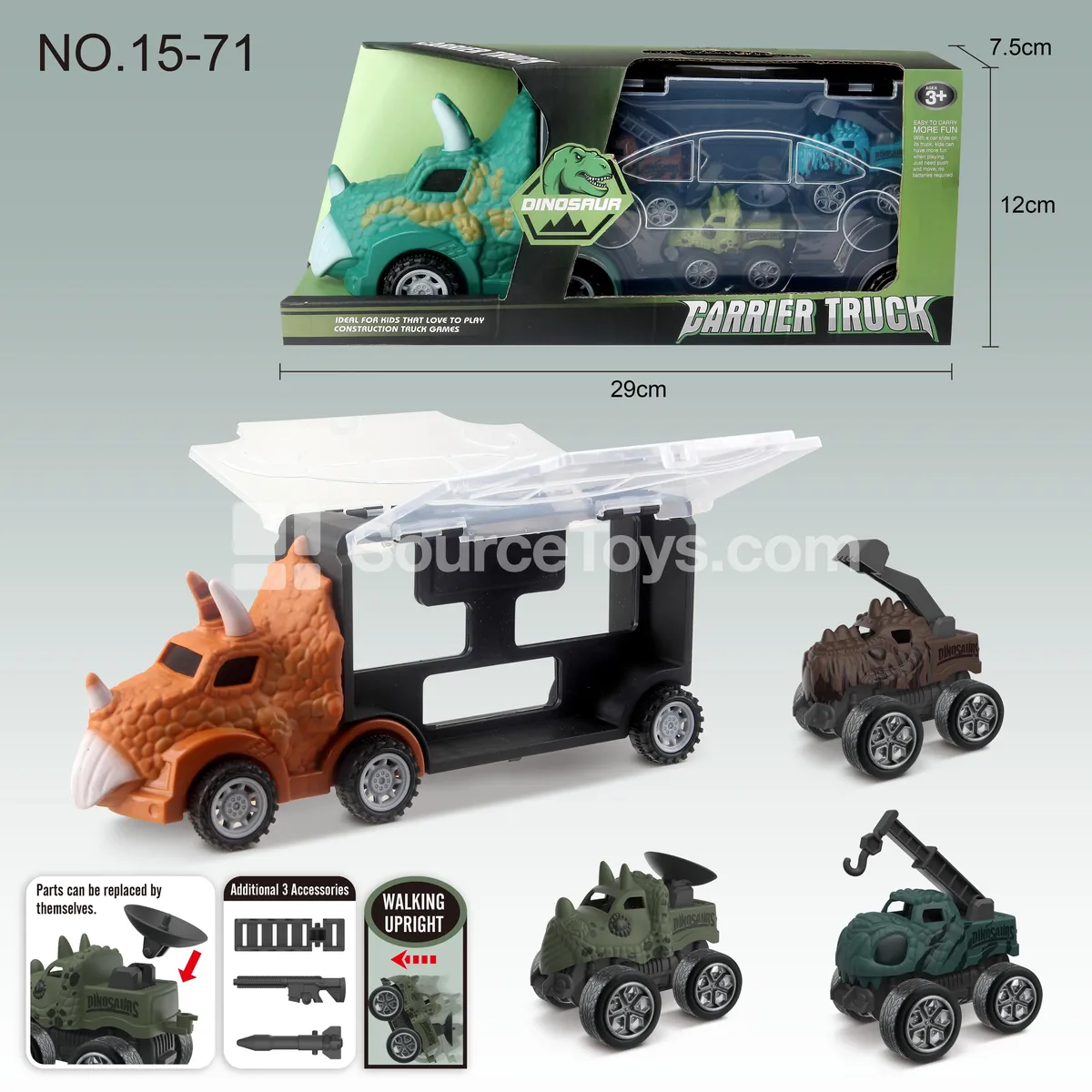 Dinosaur Container Truck & 3 Pull-Back Dinosaur Construction Vehicles