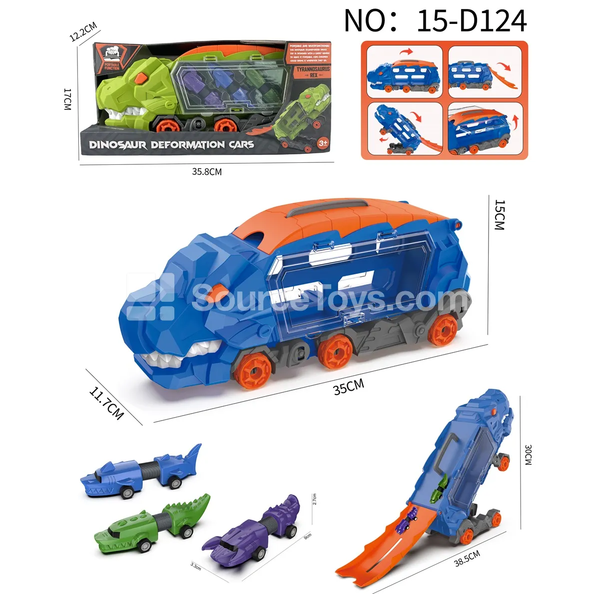 T-Rex Transforming Storage Dinosaur Car with 3 Pull-Back Cars