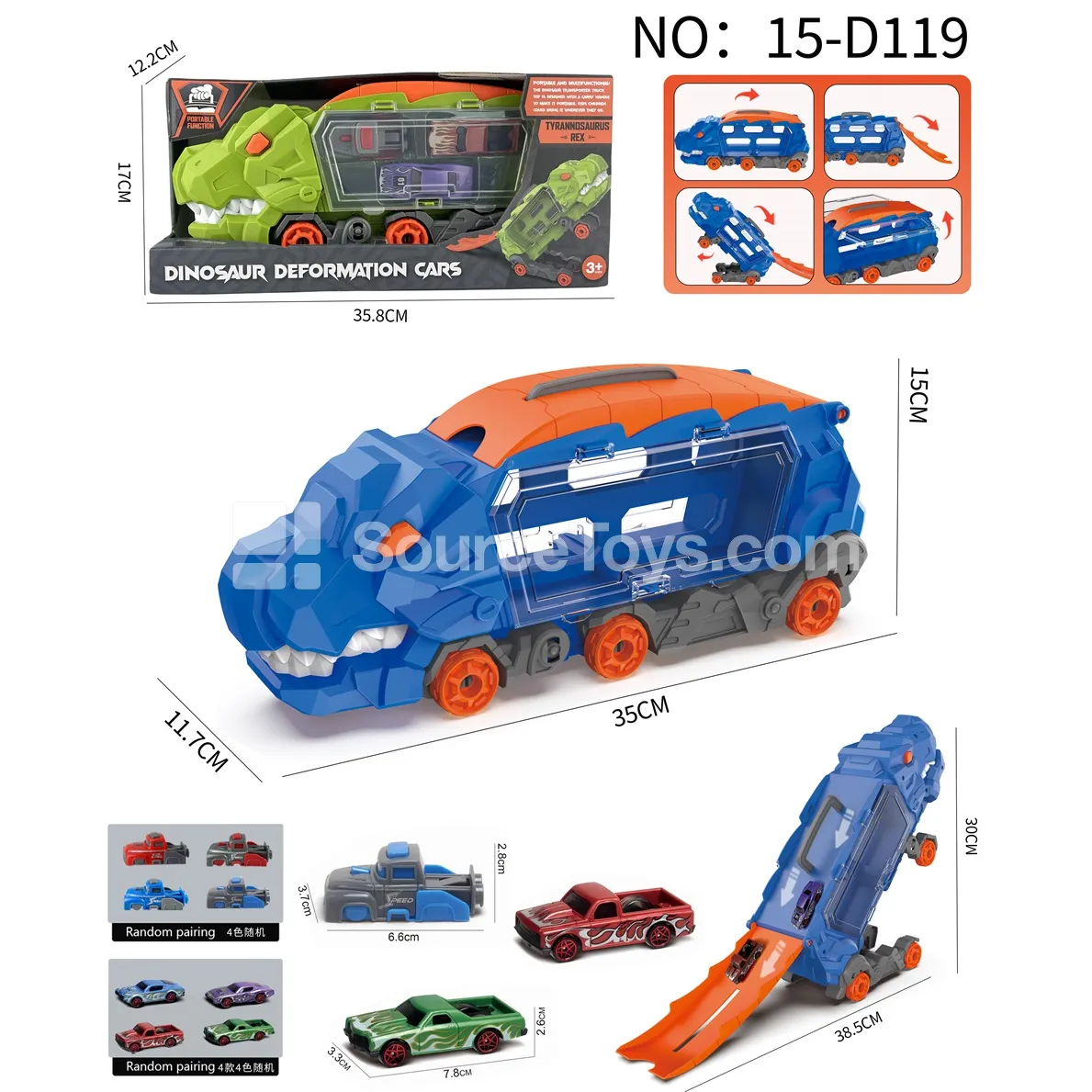 T-Rex Transforming Storage Truck with 2 Muscle Cars & 1 Launcher