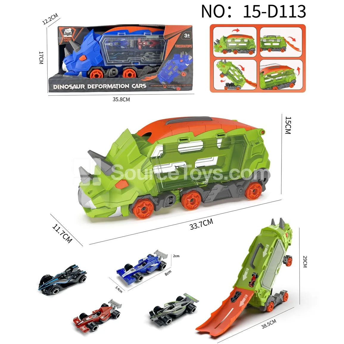 Triceratops Transforming Storage Truck with 4 F1 Cars