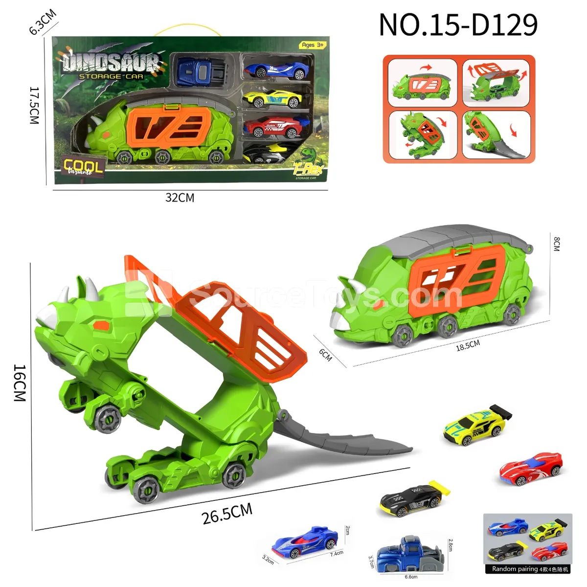 Little Triceratops Transforming Storage Vehicle with 4 AB Cars & 1 Launcher