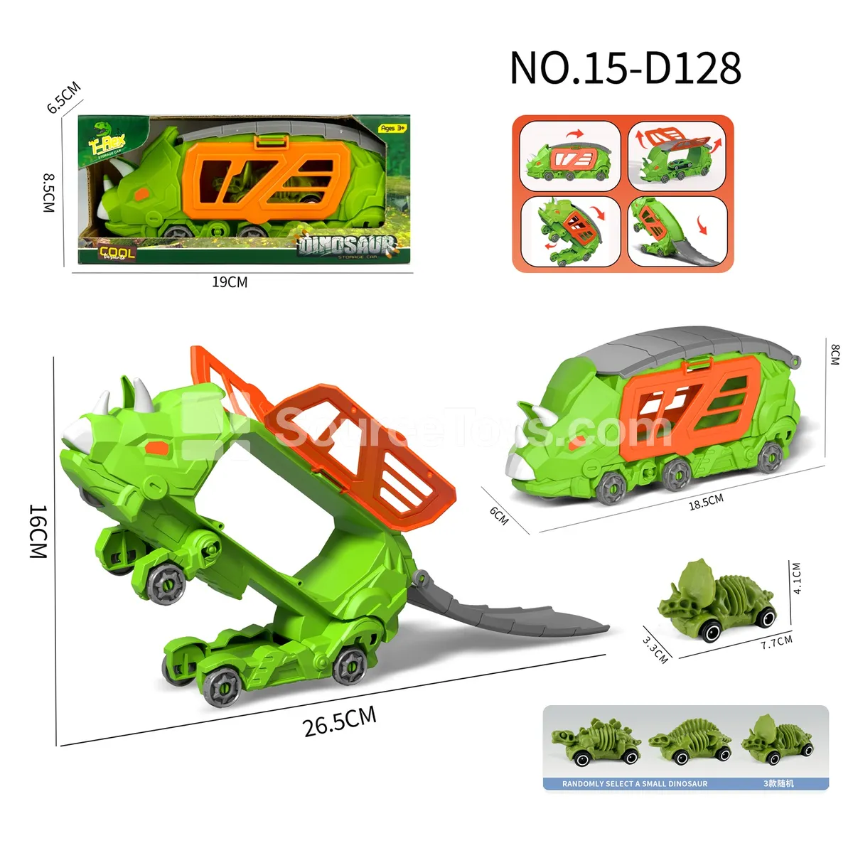 Mini Triceratops Transforming Storage Truck with 1 Skeleton Dinosaur Car