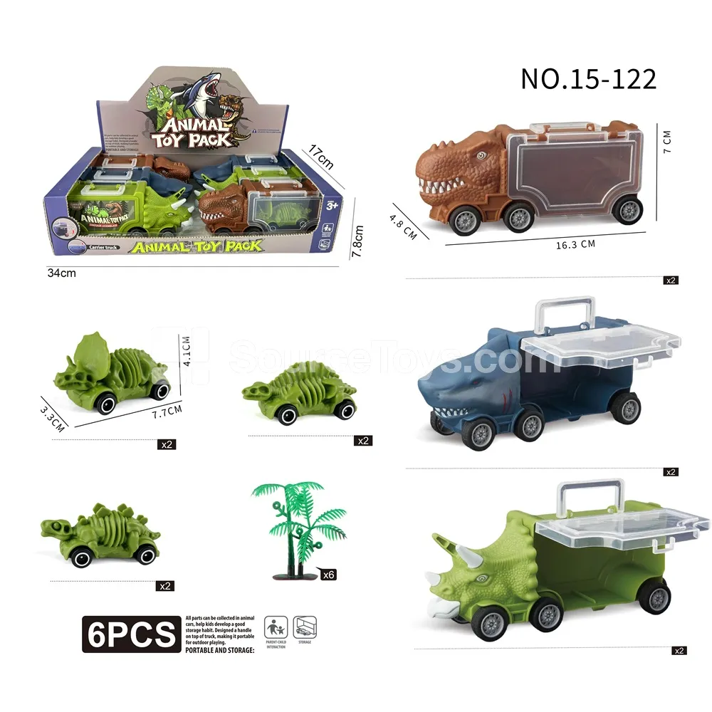 Mini Triceratops, Shark, T-Rex & 6 Skeleton Dinosaur Cars with 6 Trees