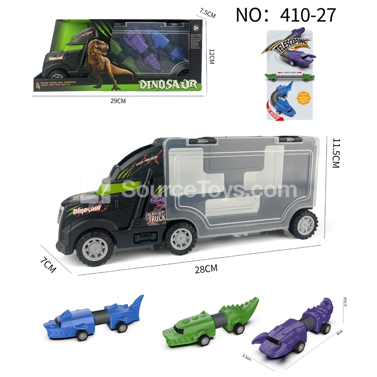 Dinosaur Storage Truck with 3 Pullback Stretch Cars Dinosaur Storage Truck with 3 Pullback Stretch Cars
