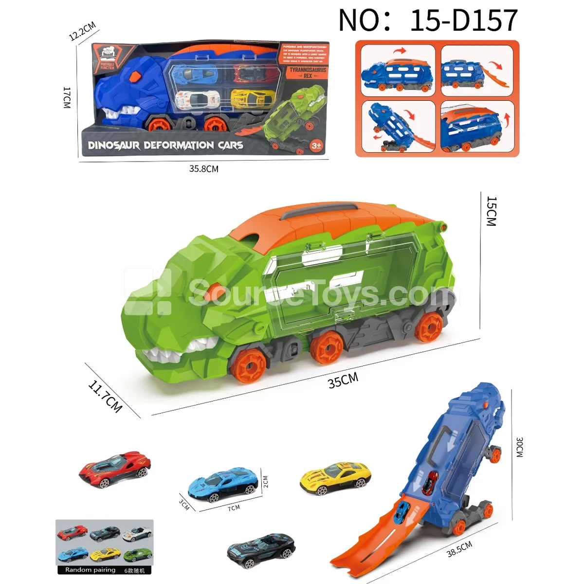 Tyrannosaurus Transforming Storage Truck with 4 Alloy Cars