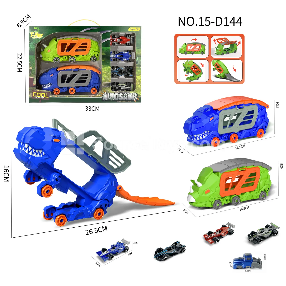 Tyrannosaurus & Triceratops Transforming Storage Cars with 4 F1 Cars & 1 Launcher