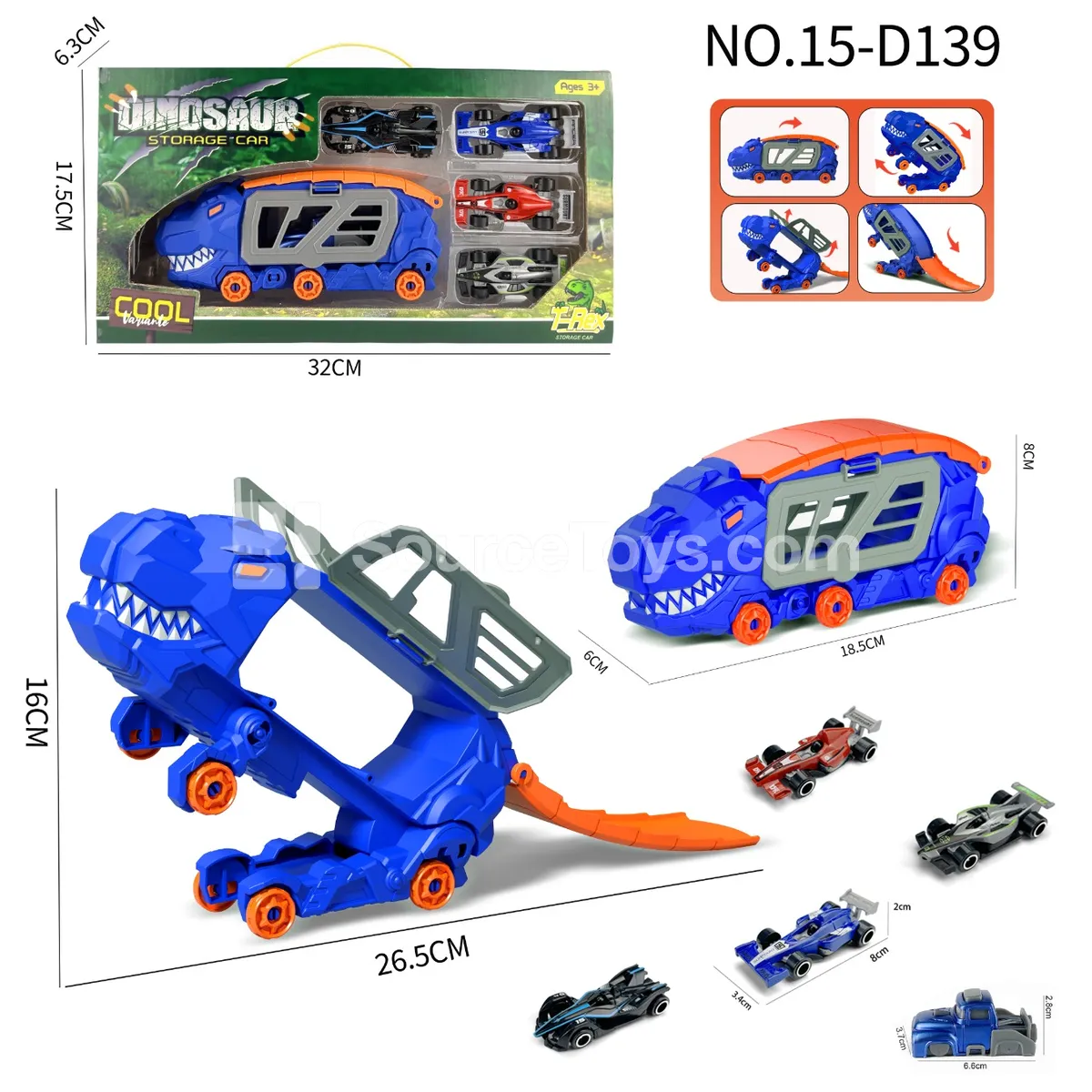 Dinosaur Transforming Storage Vehicle with 4 F1 Cars & Launcher
